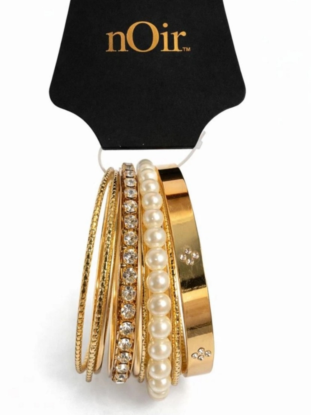 nOir Jewelry Gold Pearl & Crystal Stackable Bangle Set
